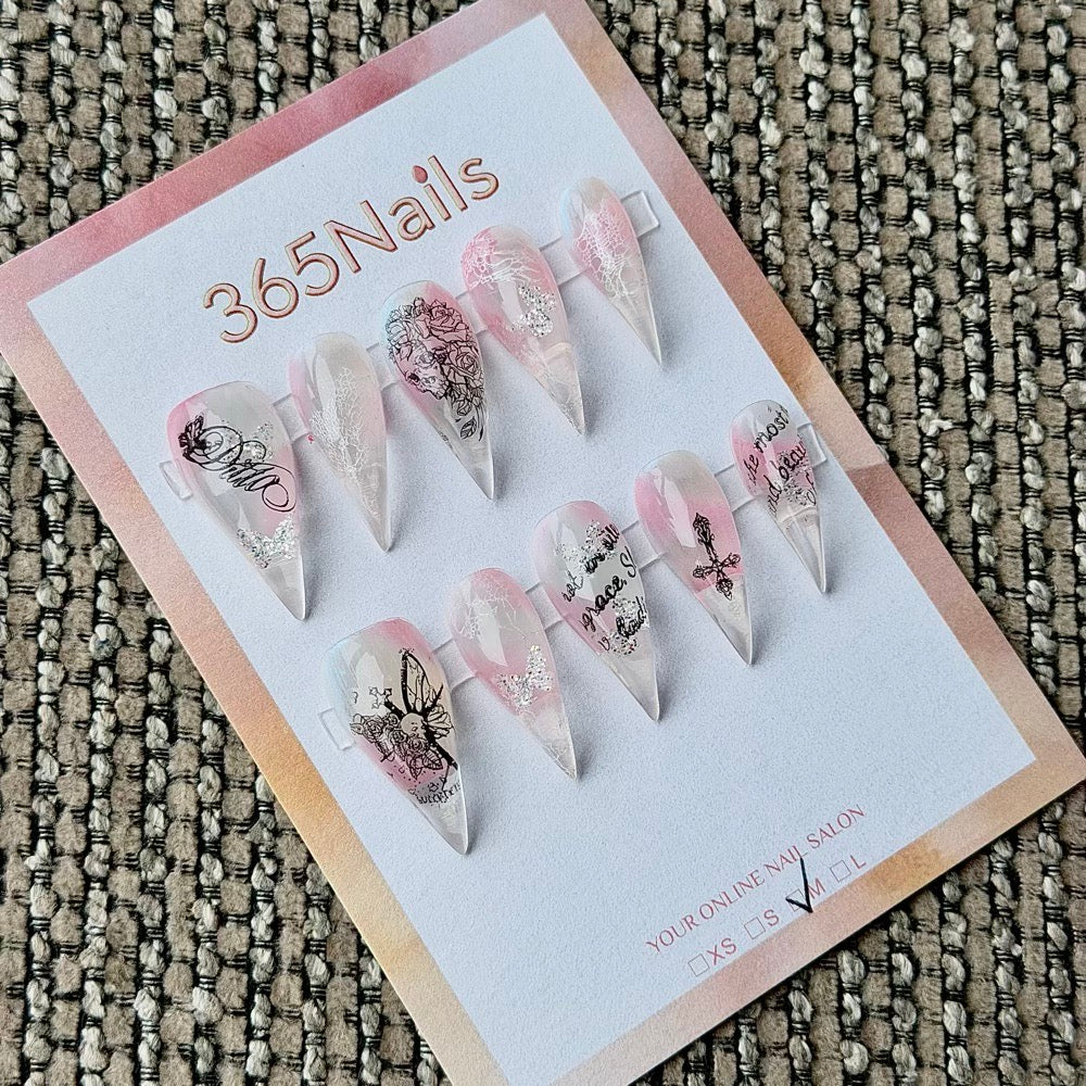 365nails: "Blush Floral Butterfly Script" – Silver Glitter Handmade Long Stiletto Nails