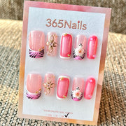 365nails: "Pink Zebra Flower Mix 3D" – Unhas Postiças Quadradas Médias Feitas à Mão