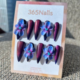 Sculpted Flora: "Cosmic Violet Galaxy" – 3D Blue-Purple Gradient Flower on Dark Cat Eye Stiletto Nails