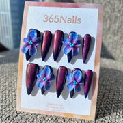 Sculpted Flora: "Cosmic Violet Galaxy" – 3D Blue-Purple Gradient Flower on Dark Cat Eye Stiletto Nails