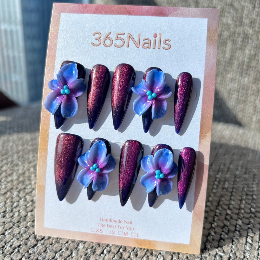 Sculpted Flora: "Cosmic Violet Galaxy" – 3D Blue-Purple Gradient Flower on Dark Cat Eye Stiletto Nails