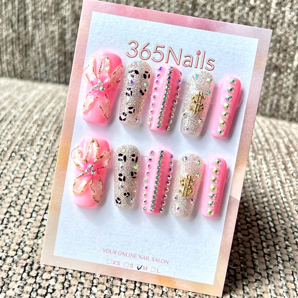 365nails: "Pink Leopard Glitter Bloom" – Handmade Medium Square Press-On Nails