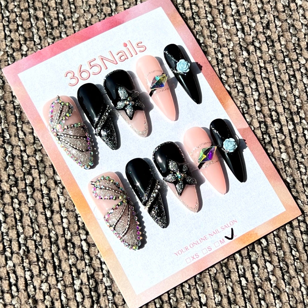365nails: "Diamond Diva" – 3D Crystal & Glitter Handmade Stiletto Nails