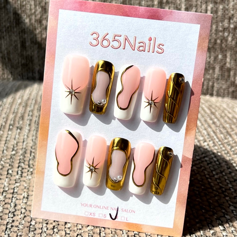 365nails: "Gilded Starlight" – 3D Metallic & Abstract Line Handmade Almond Nails