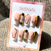 365nails: "Gilded Starlight" – 3D Metallic & Abstract Line Handmade Almond Nails