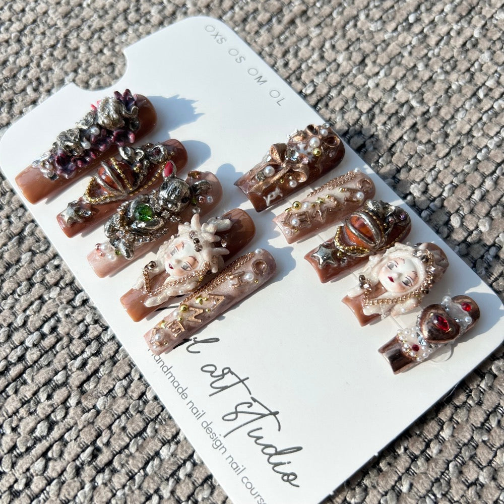 Artist Series: "Baroque Tea Party" – 3D Sculpted Lady Portrait, Metallic Rabbit & Vintage Pearl Chains Luxury Handmade Nails