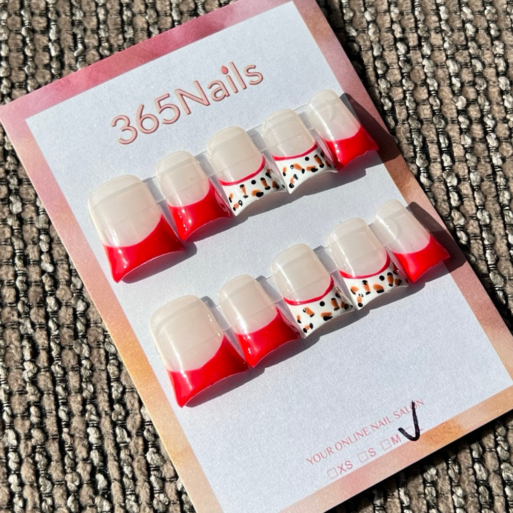 365nails: "Crimson Chic" – Red French Tip Leopard Print Handmade Press on Nails Short Square Nails