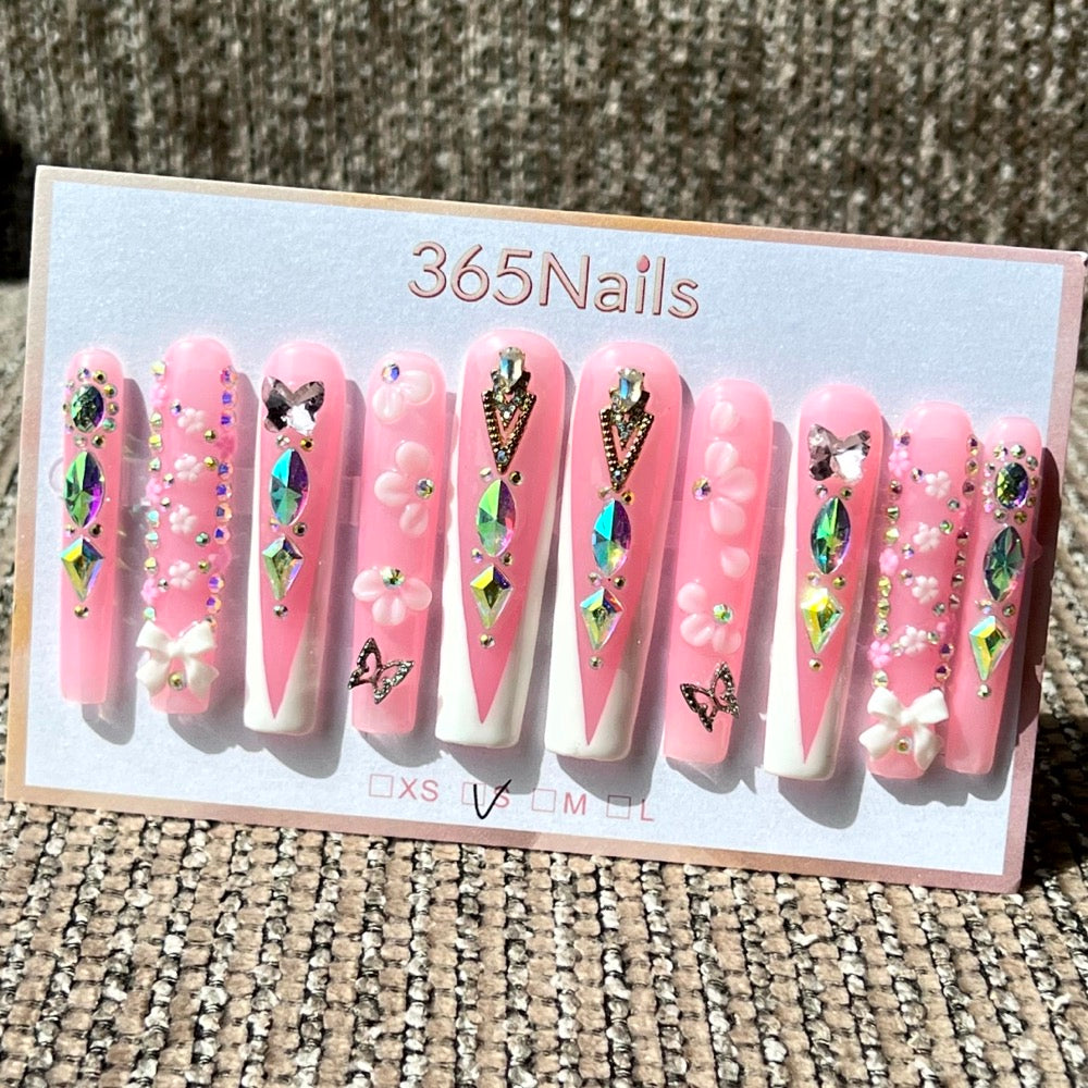 365nails: "Iridescent Dream" – 3D Butterfly & Crystal Handmade Long Coffin Nails