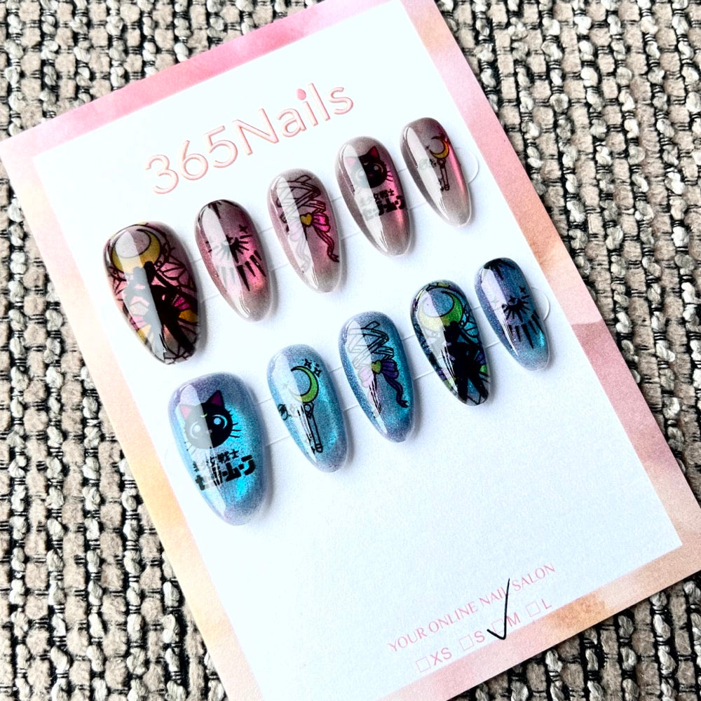 365nails: "Sailor Moon Luna & Artemis" – Handmade Short Almond Press-On Nails