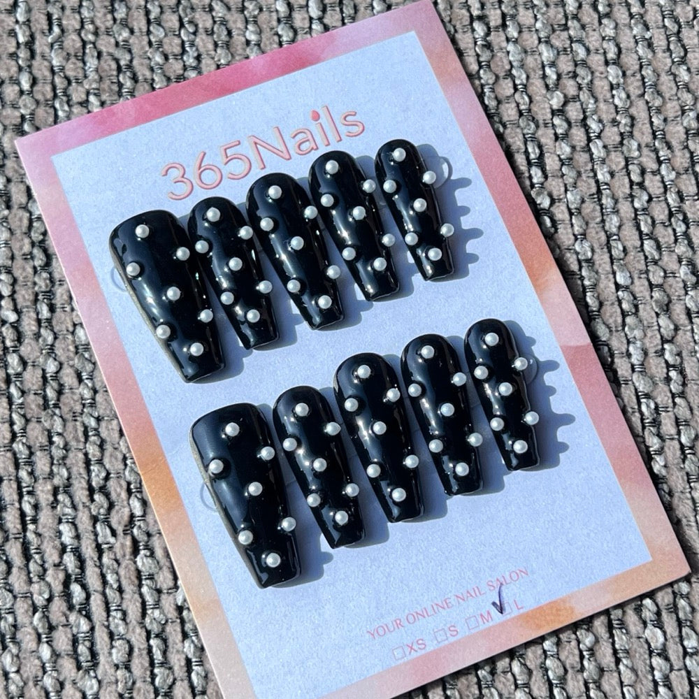 365nails: "Midnight Polka" – 3D White Dot Handmade Press on Nails Coffin Nails