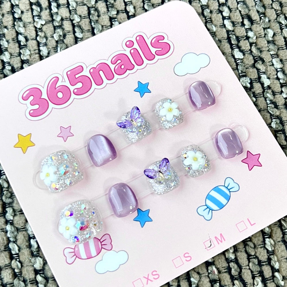 365nails: "Lavender Dreams" – 3D Floral & Butterfly Handmade Short Nails