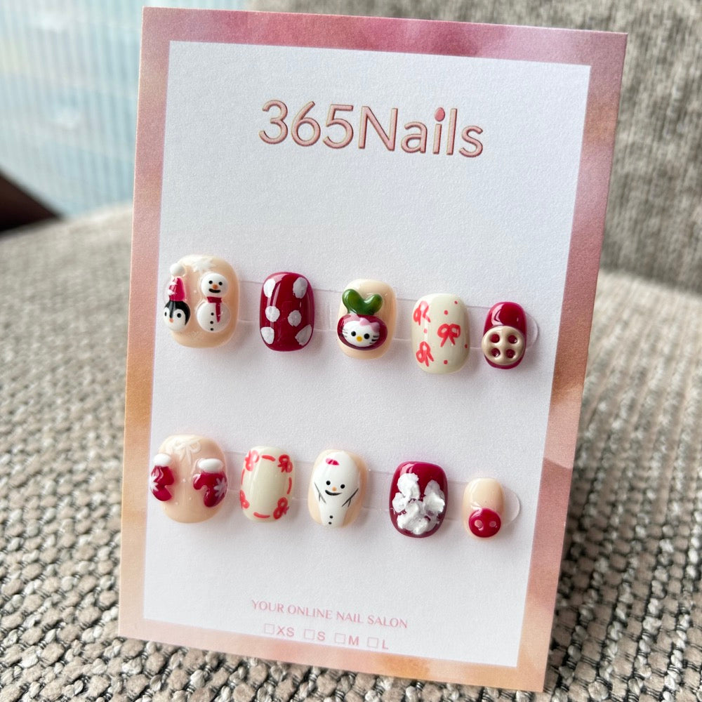 Cartoon & Dopamine: "Cozy Winter Friends" – 3D Hello Kitty Apple, Snowman, Red Mittens & Buttons Short Nails