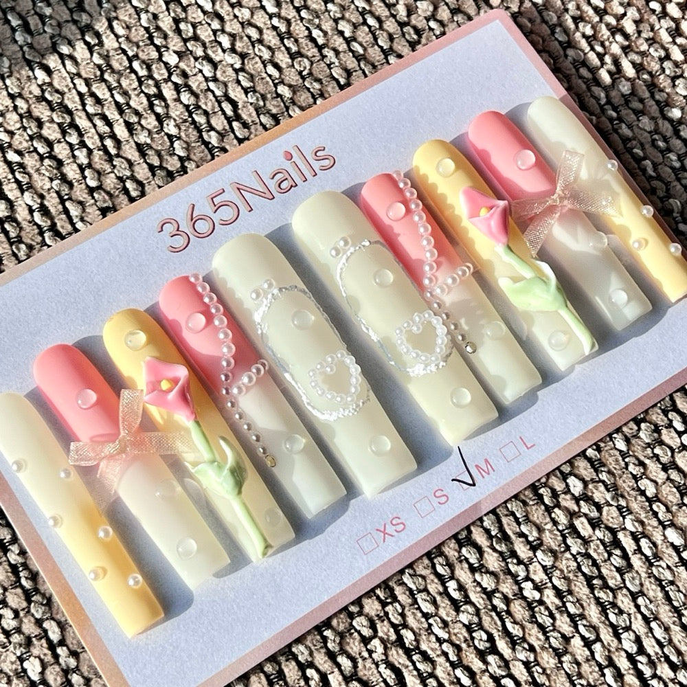 365Nails: "Elegant Pink White Flower Rhinestone Long" – Handmade Long Tapered Square Press-On Nails