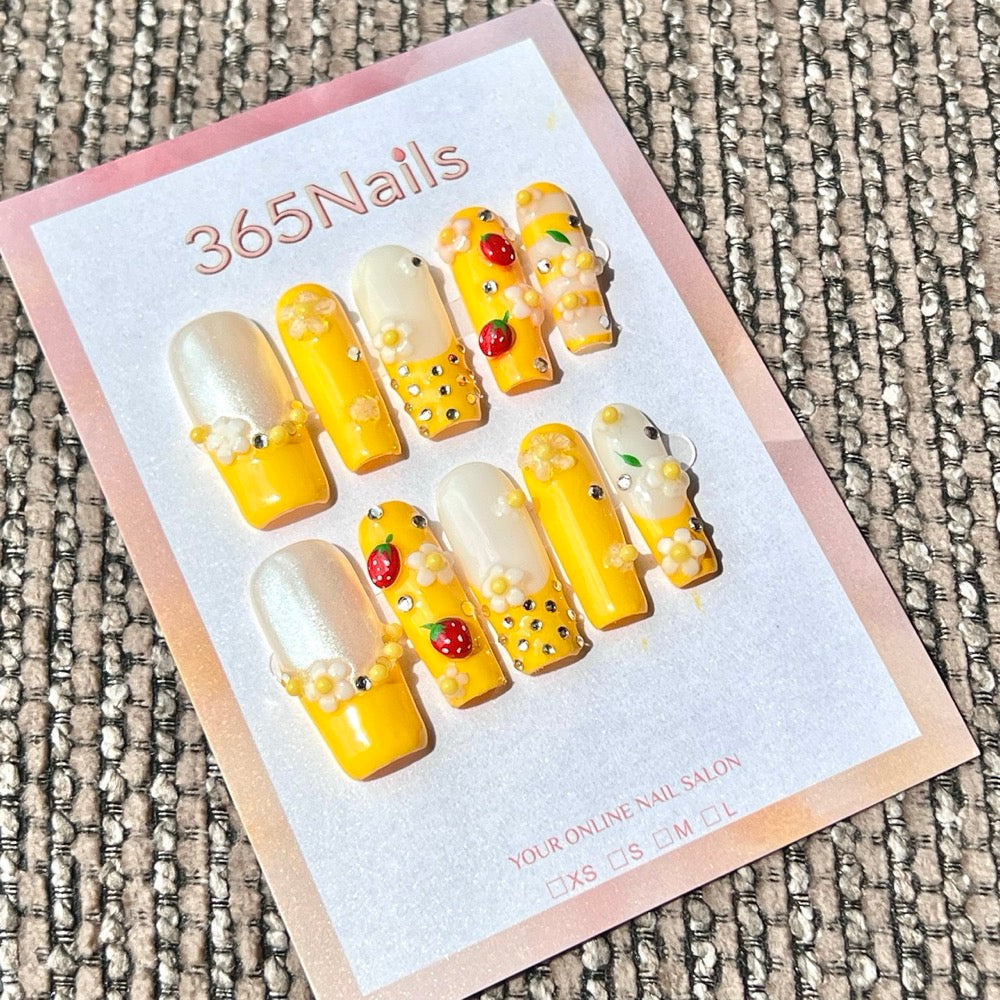 365nails: "Sunny Strawberry" – 3D Floral & Gem Handmade Long Square Press On Nails