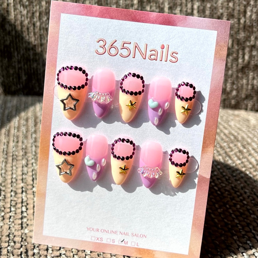 365nails: "Stardust Dreams" – 3D Beaded & Gradient Handmade Almond Nails