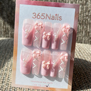 365nails: "Balletcore Blush" – 3D Bows & Lace Handmade Press on Nails Long Square Nails
