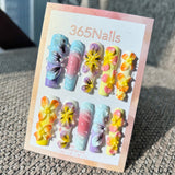 Handmade "Pastel Paradise" 3D Floral Press-on Nails | Mixed Tropical Blooms & Water Drops | Long Coffin | 10pcs Set