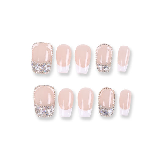 365Nails Nude French × Silver Half‑Moon — Elegant Short Press‑Ons