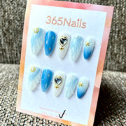 365nails: "Murmure céleste" – Aile et coeur 3D – Ongles press-on faits main de forme amande longs