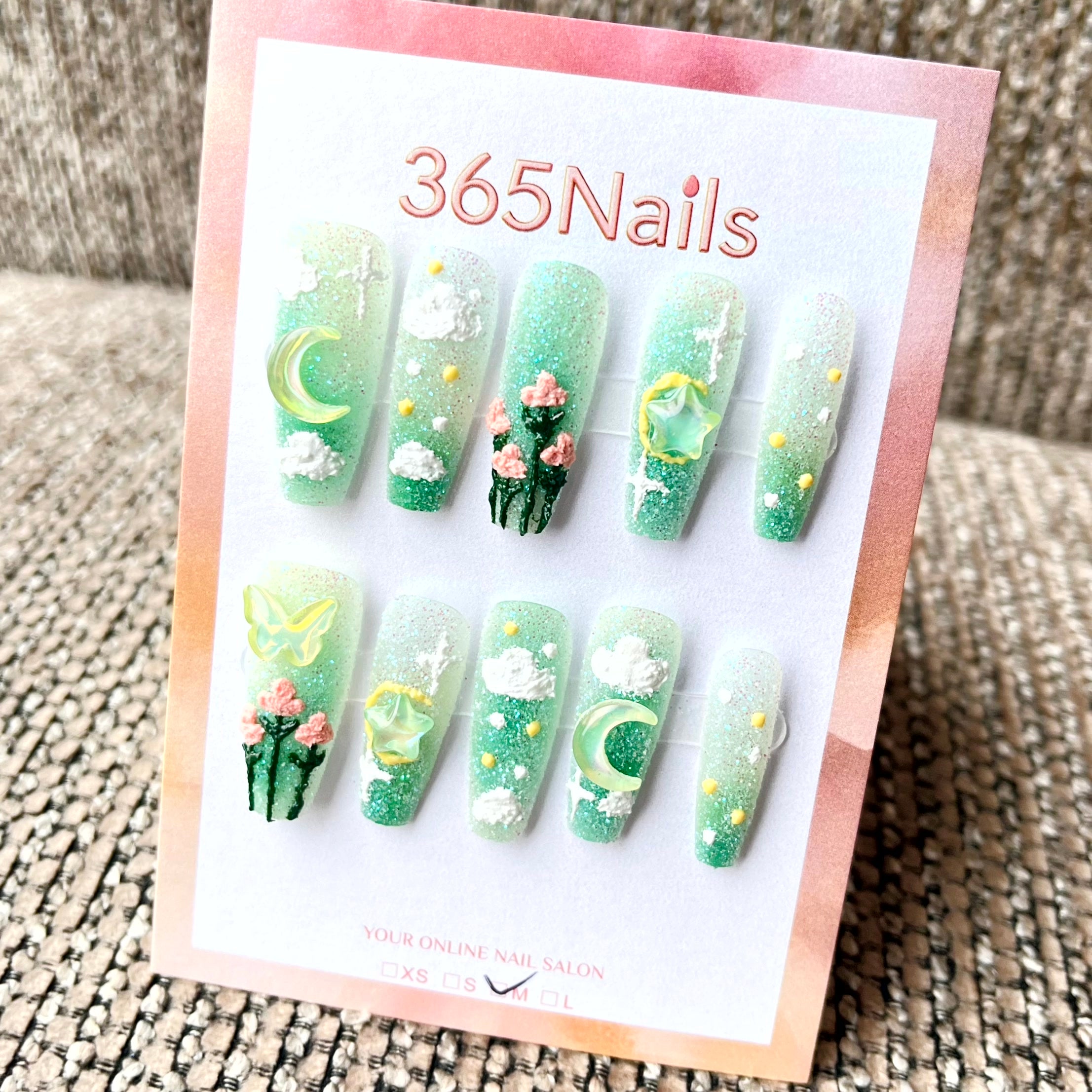 365nails: "Enchanted Garden" – 3D Floral & Celestial Handmade Almond Nails
