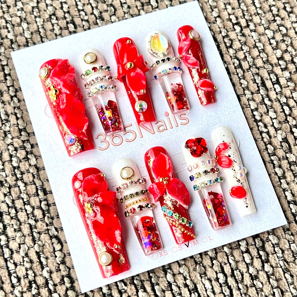 365nails: "Scarlet Petal Splendor" – Handmade Liquid Motion Press-On Medium Square Nails-4cm