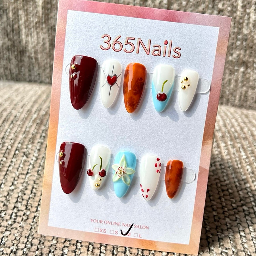 365nails 버건디 체리 앰버 하트 믹스 수제 미디엄 스틸레토형 프레스온 네일