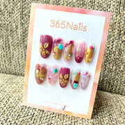 365nails: "Bohemian Berry" – 3D Gold Flower & Turquoise Stone Handmade Oval Nails