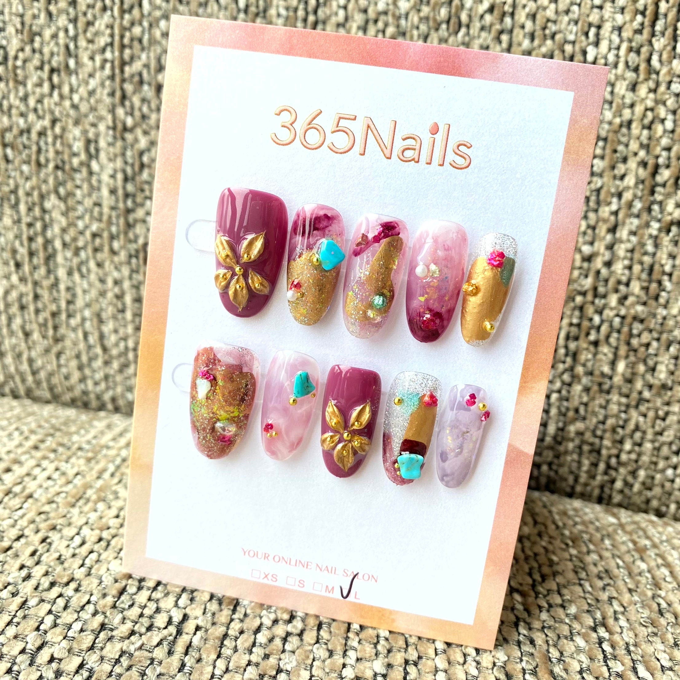 365nails: "Bohemian Berry" – 3D Gold Flower & Turquoise Stone Handmade Oval Nails
