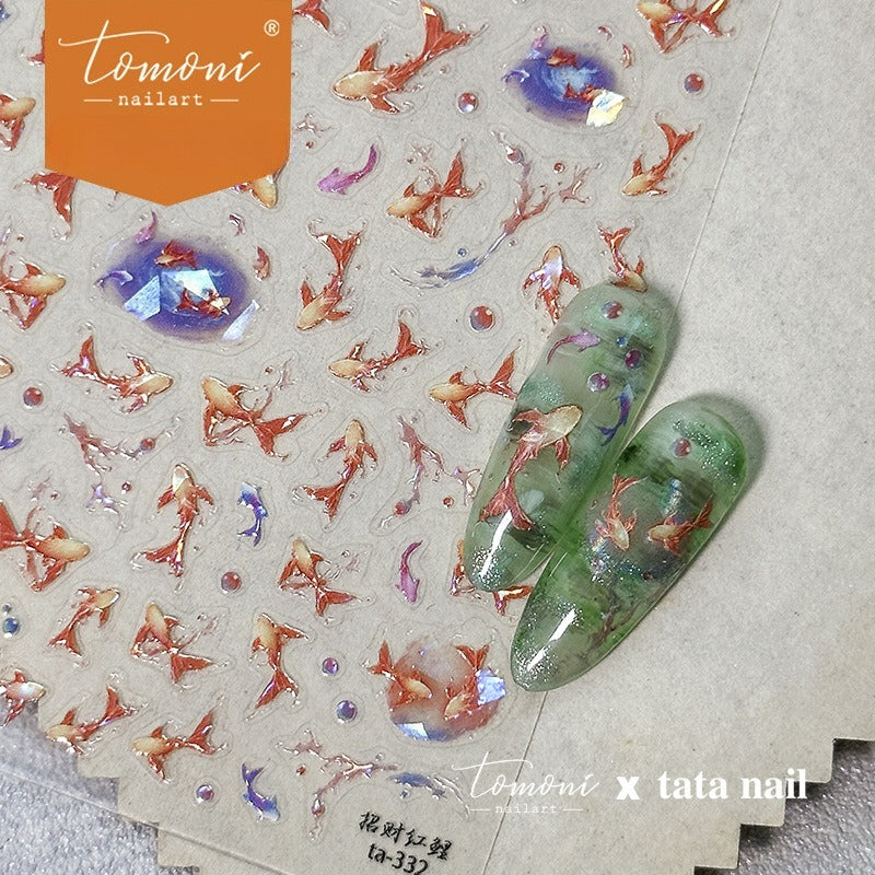 Holographic Goldfish Nail Stickers – 5D Embossed Oriental Pond Set