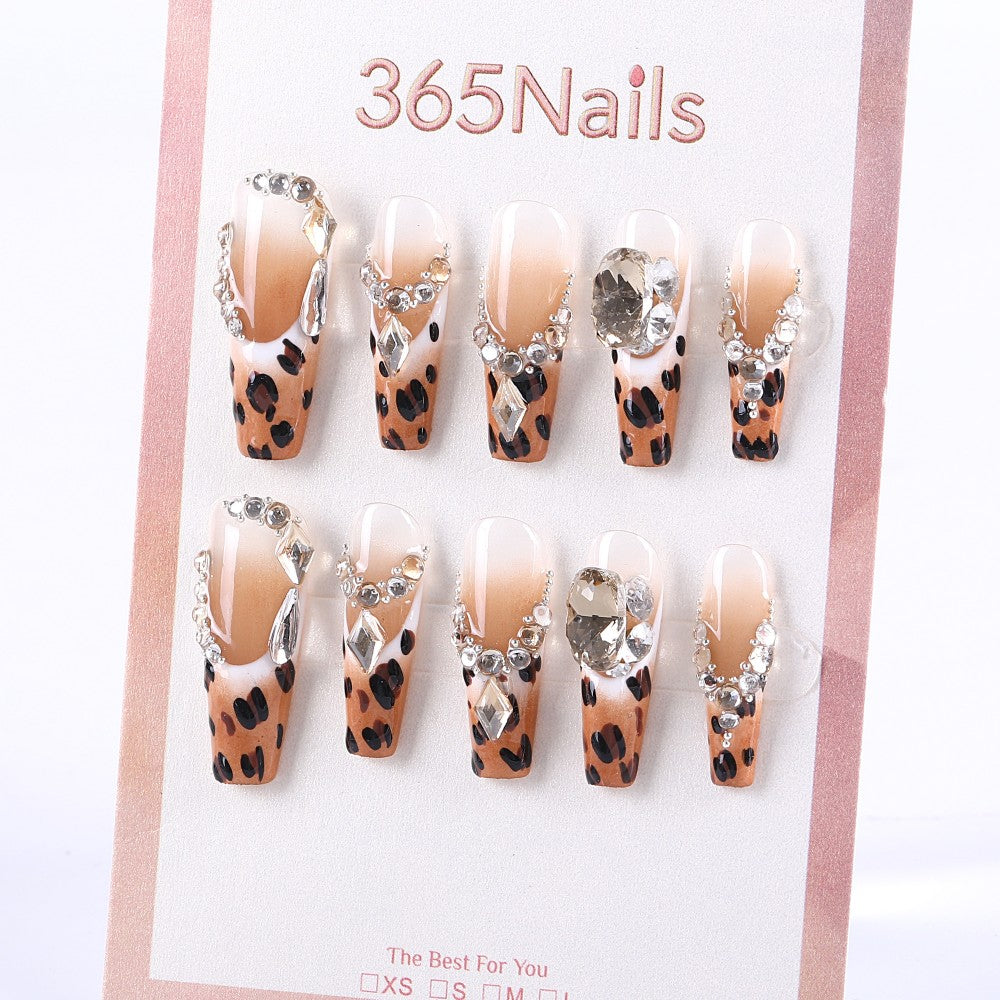 Leopard Print Press-On Nails with Crystal Rhinestones and Nude Gradient