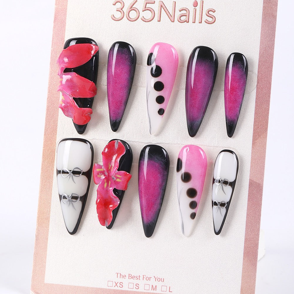 365Nails Blackberry Smoke Ombre with 3D Red Flower and Polka-Dot Stiletto French Press-On Nails