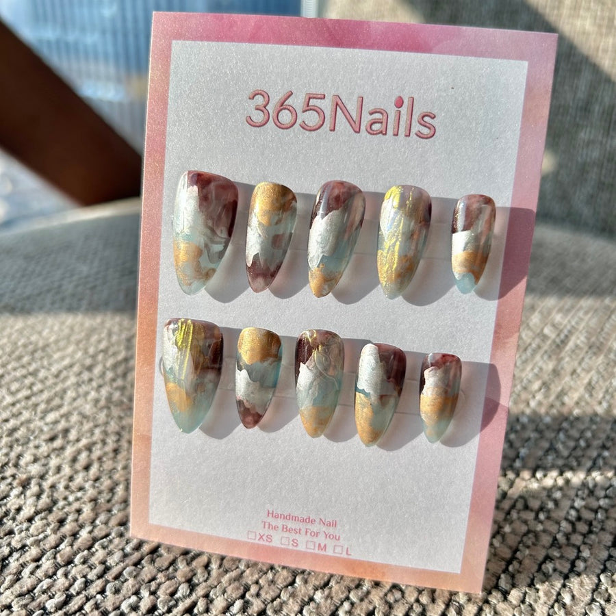 Oxidized Copper & Molten Gold Vintage Geo-Art Blue & Brown Nails ｜ Handmade Smudge Series(moq=30)