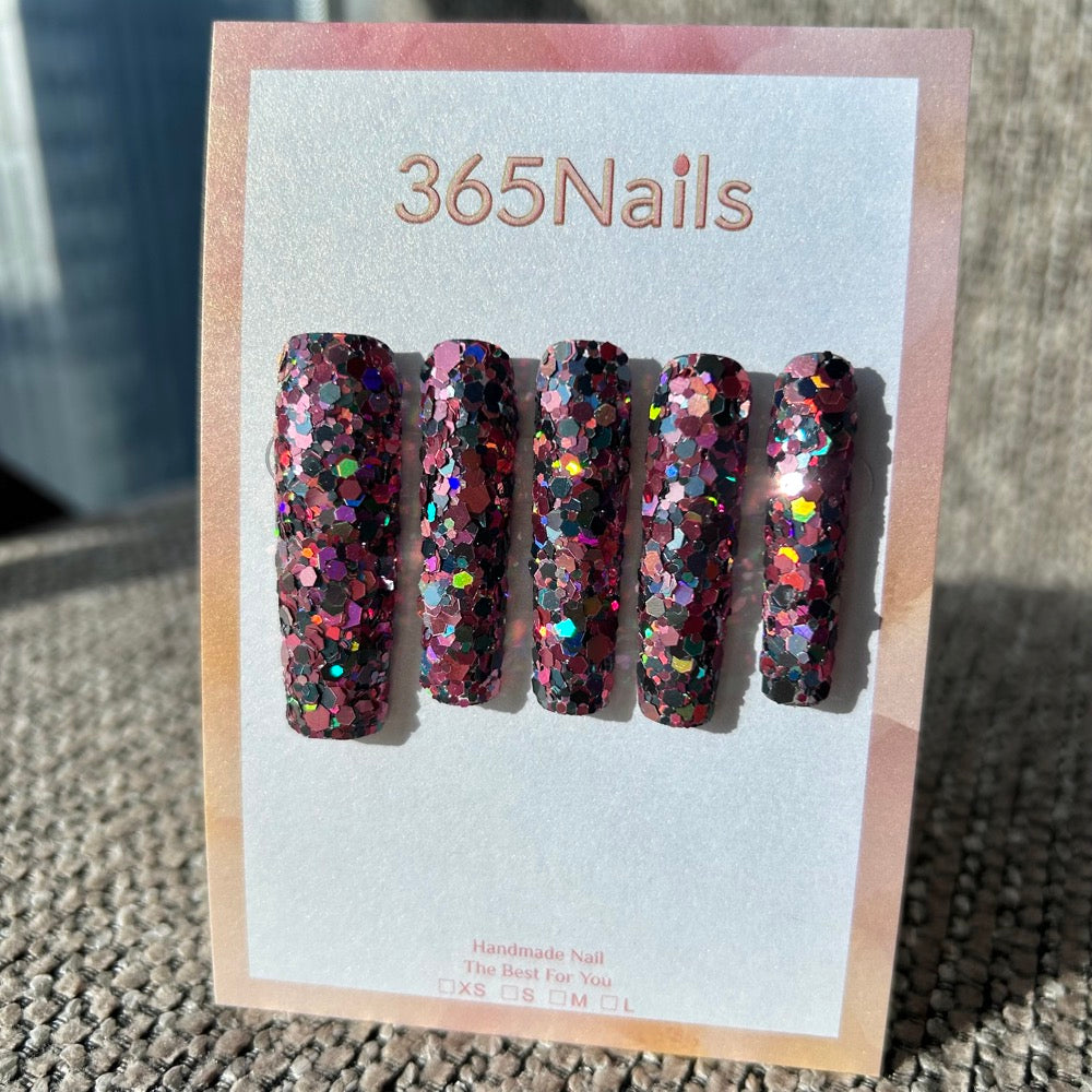 Midnight Spark Stiletto Press On Nails Burgundy Chunky Multicolor Glitter Square| Starry Glitter · Sparkling Series