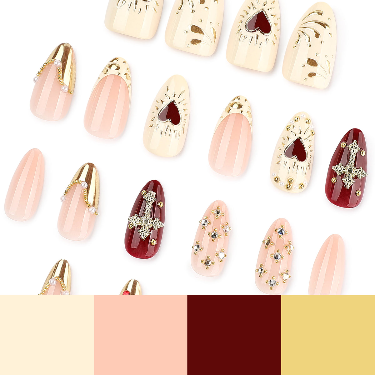 Scattered press-on nail designs with a colour palette strip below