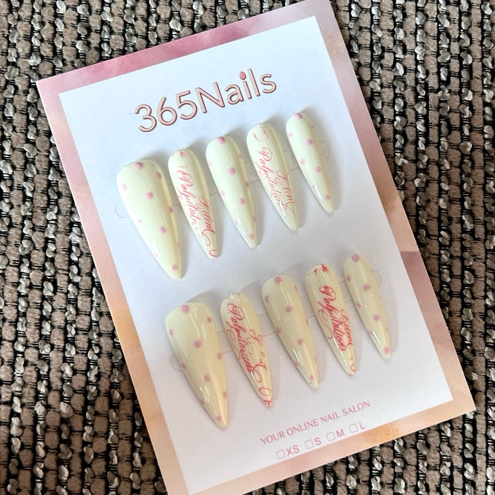 Lemon Script - Pastel Yellow Pink Dot Press-On Nails