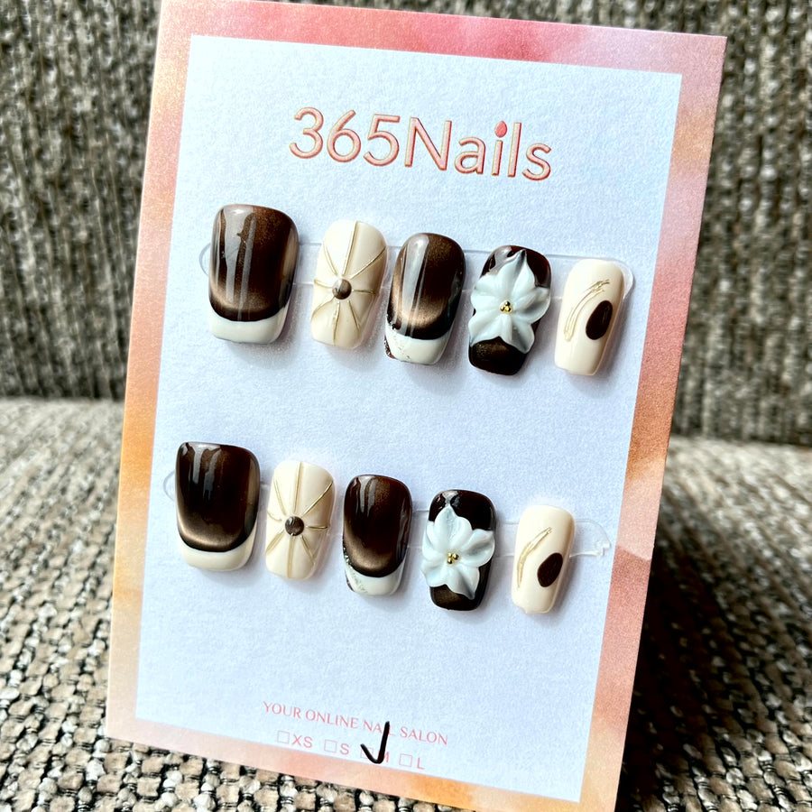 365nails: "Noir Bloom" – 3D Floral & Ombre Handmade Press on Nails Short Square Nails