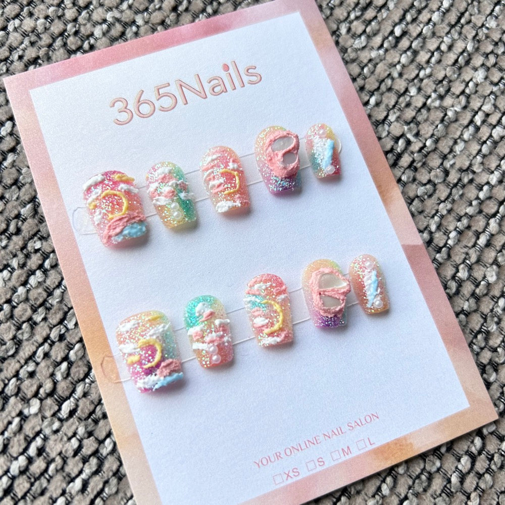 Sweet & Dopamine: "Sugar Cloud Dream" – Pastel Rainbow Gradient, 3D Moon & Clouds, Sugary Texture Short Nails