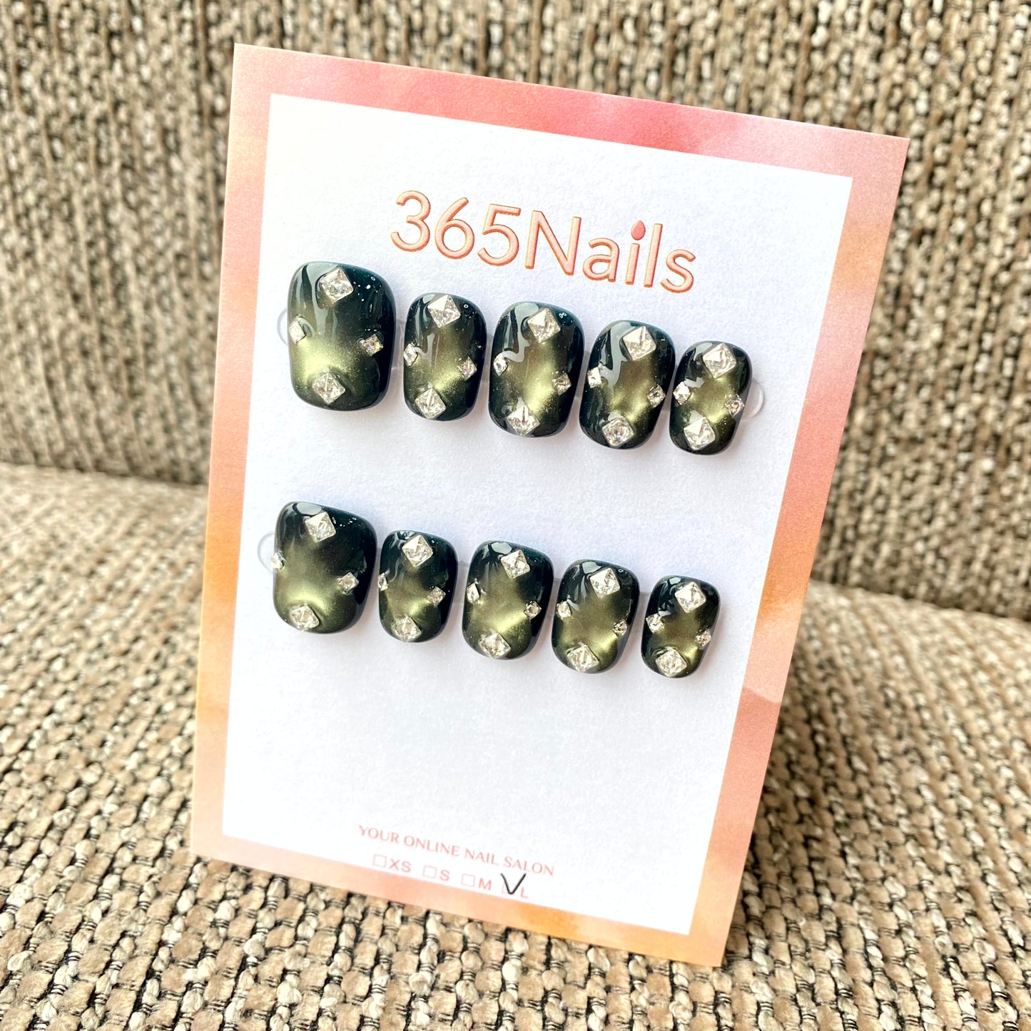 365nails: "Olive Quilted Gem" – Green Cat-Eye & Rhombus Rhinestone Handmade Squoval Nails