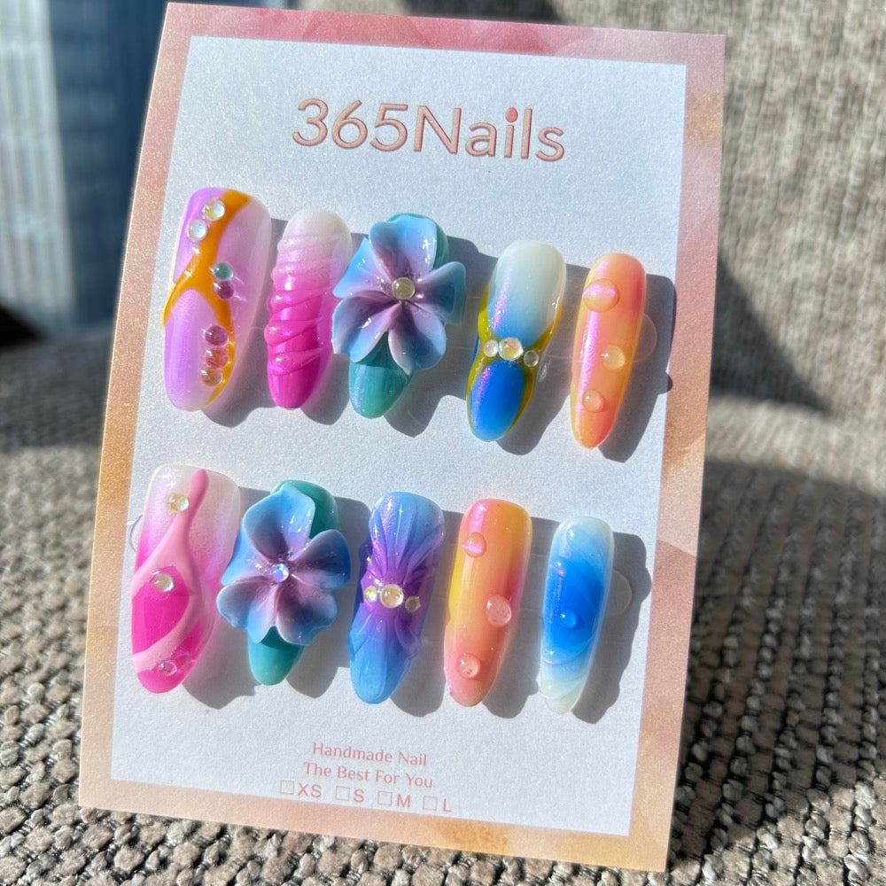 Sculpted Flora: "Tropical Aurora Reef" – 3D Blue-Purple Flower with Multi-Color Cat Eye & Water Droplets Coffin Nails