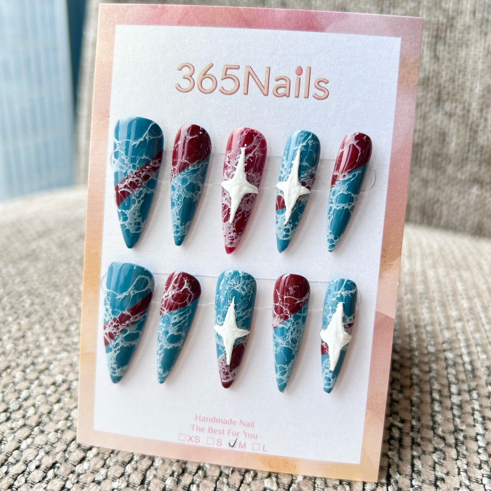 Femme Fatale: "Fractured Tide" – Dusty Blue & Dark Red Color Block with White Marble Crackle Texture & 3D Star Relief Long Stiletto Nails
