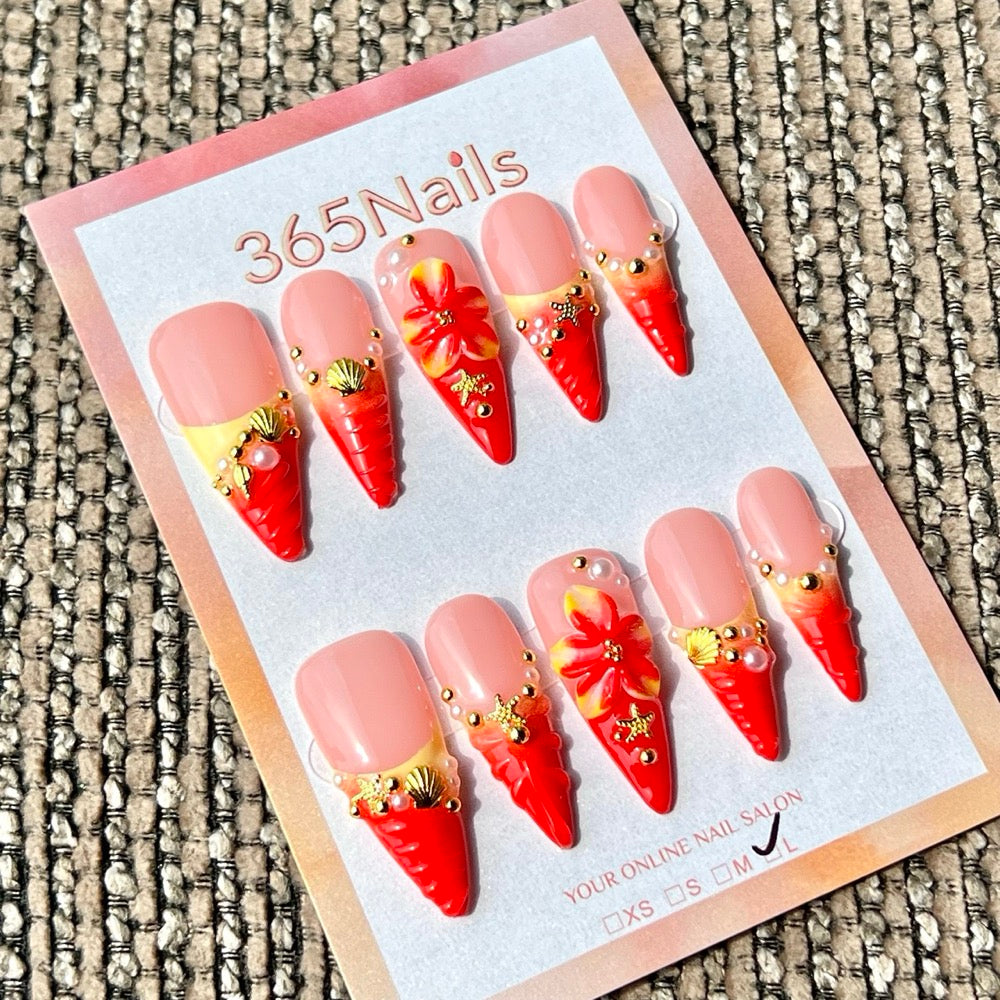 365nails: "Pink Red Ice Cream Flower Starfish 3D" – Handmade Medium Stiletto Press-On Nails