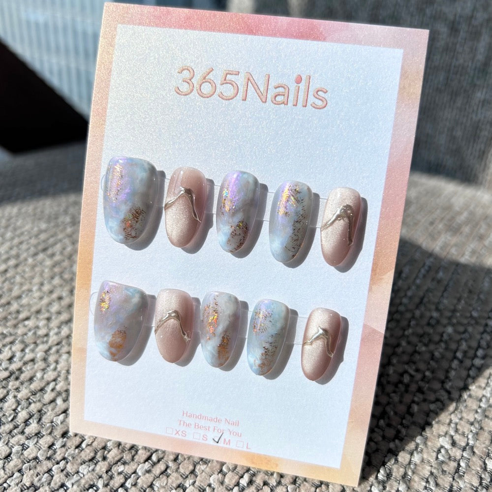 Ethereal Ink: "Aurora Nude Glow" – Nude Beige Cat Eye & Purple Aurora Marble with 3D Silver Arc Oval Nails