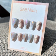 Ethereal Ink: "Aurora Nude Glow" – Nude Beige Cat Eye & Purple Aurora Marble with 3D Silver Arc Oval Nails