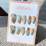 Ethereal Ink: "Coastal Amber" – Icy Blue & Caramel Sand Marble with Gold Flakes & Ink Smudge Almond Nails