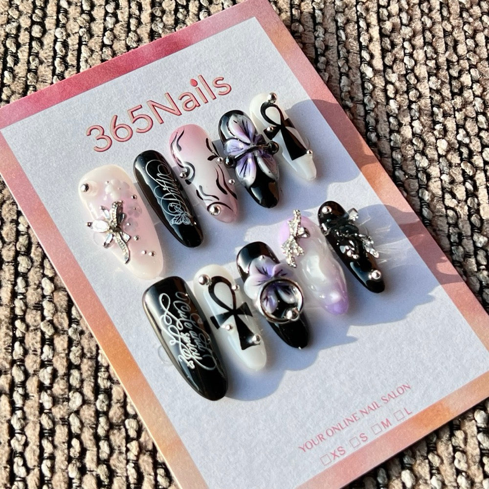 365nails: 고딕 앵크 잠자리 – 수제 미디엄 아몬드형 프레스온 네일