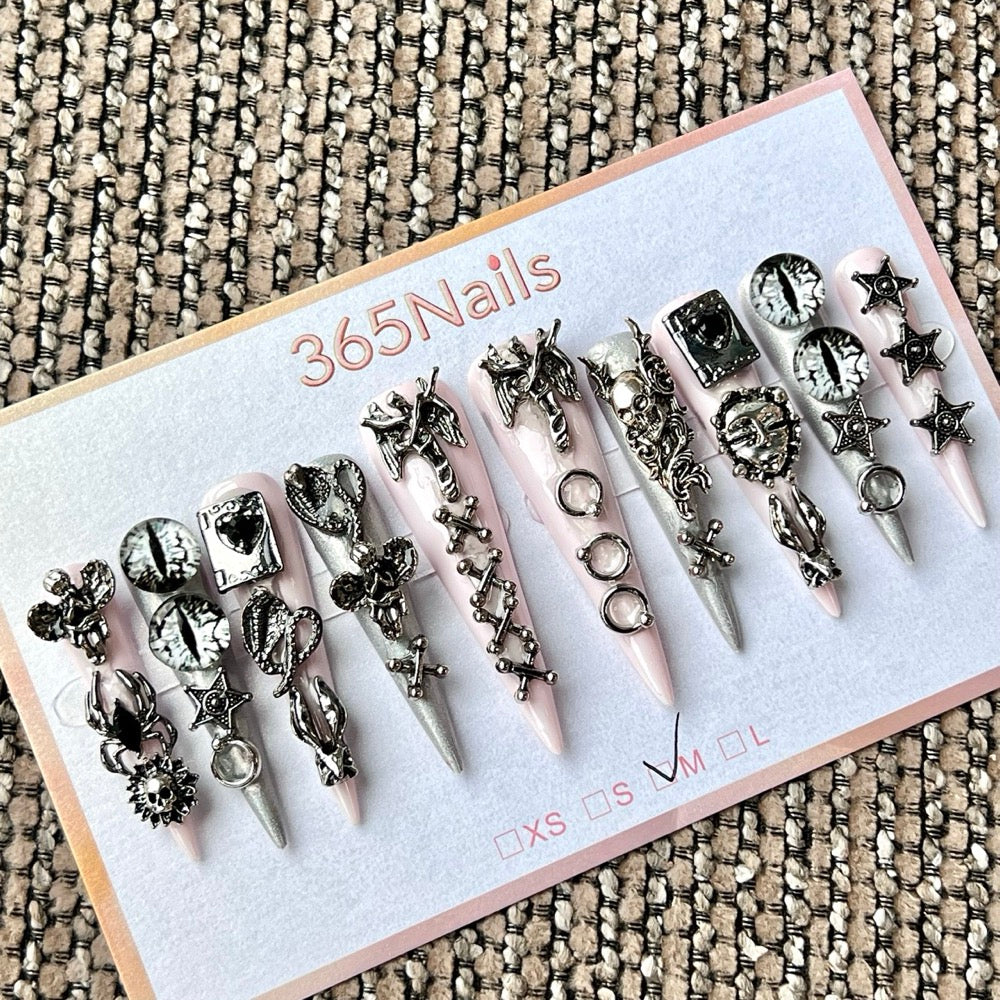 365nails: "Gothic Pink Silver Evil Eye Skull" – handmade press-on nails