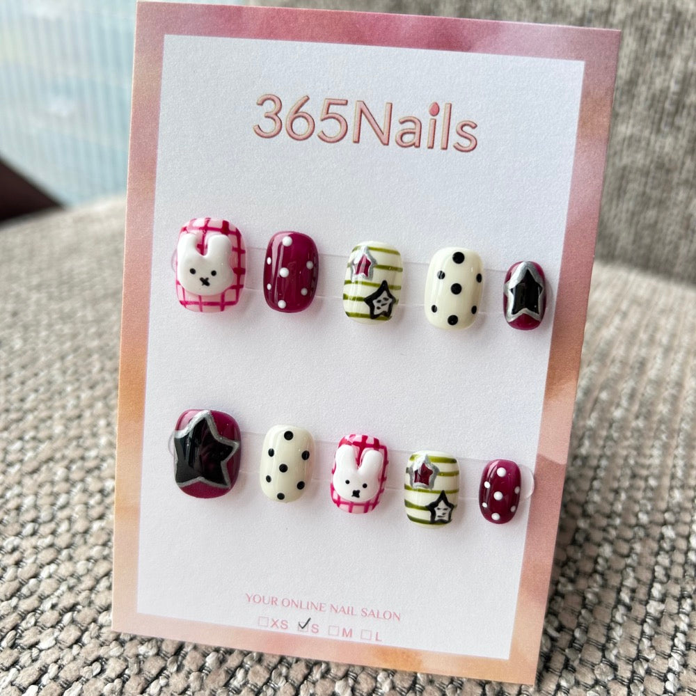 Cartoon & Dopamine: "Retro Pop Bunny" – 3D White Rabbit, Burgundy Polka Dots, Green Stripes & Cool Star Short Nails