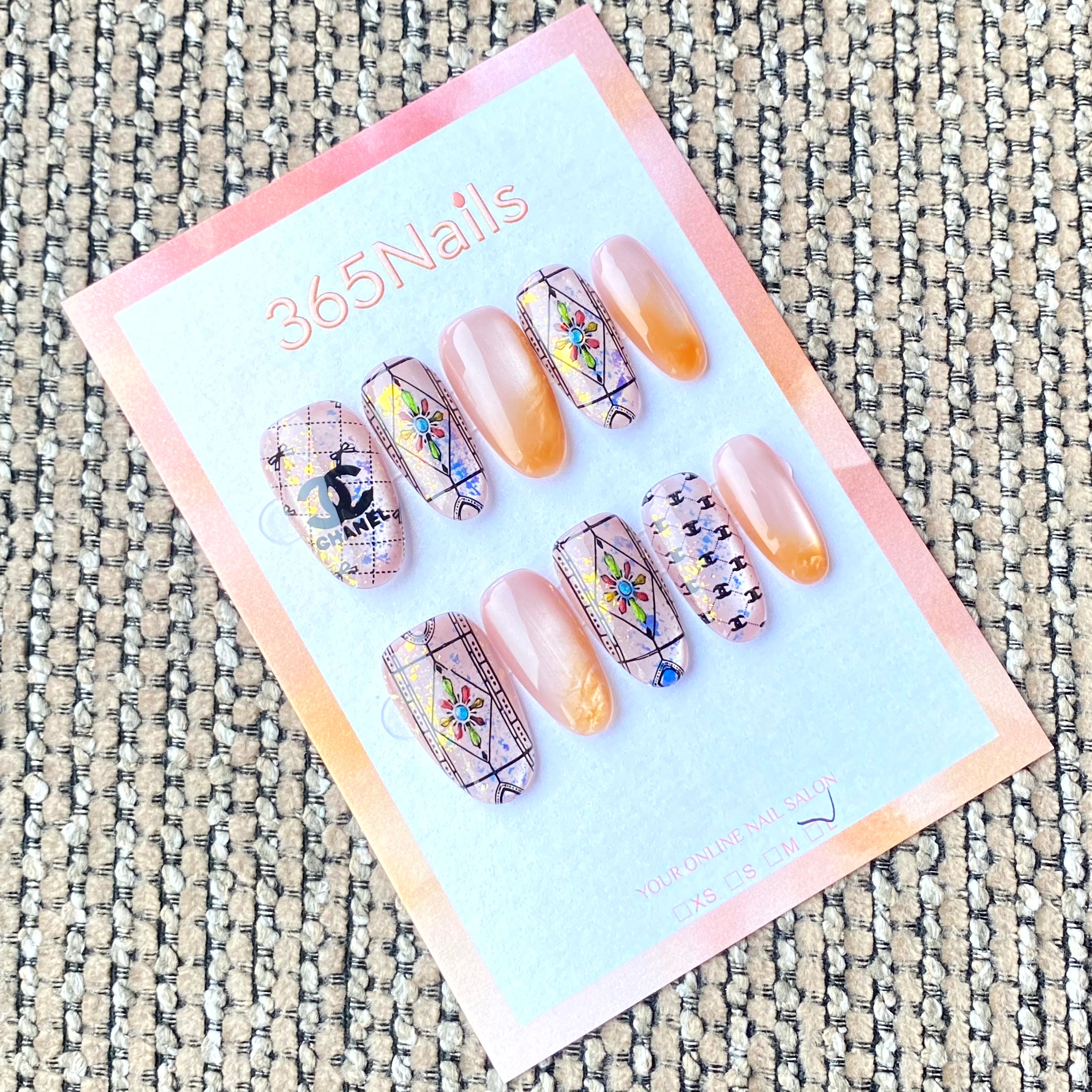 Luxury Logo 365nails: "Vintage Stained Glass" – Hand-painted Mosaic & Ombre Handmade Oval Nails
