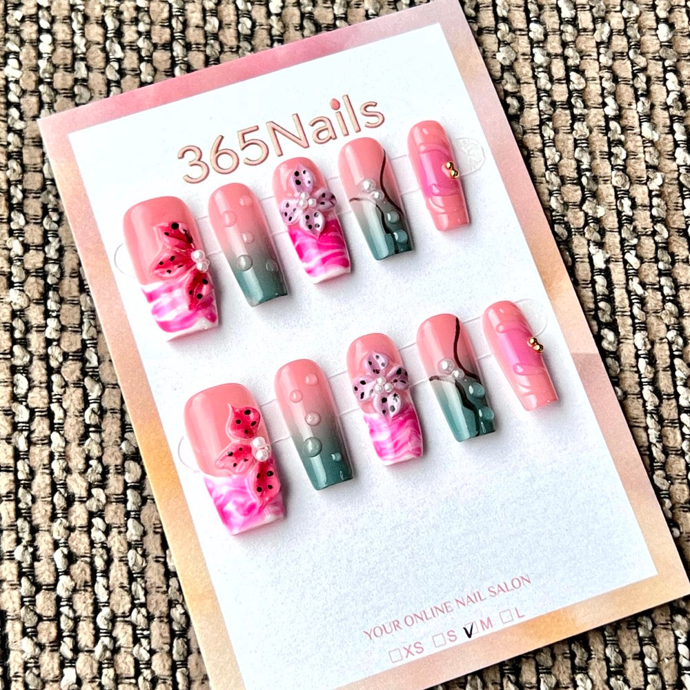 Dégradé floral rose-vert — ongles faits main ultra-doux à ajustement flexible — vente en gros (MOQ=100)