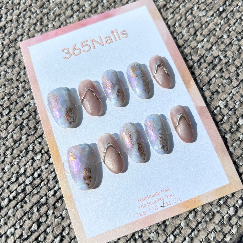 Ethereal Ink: "Aurora Nude Glow" – Nude Beige Cat Eye & Purple Aurora Marble with 3D Silver Arc Oval Nails